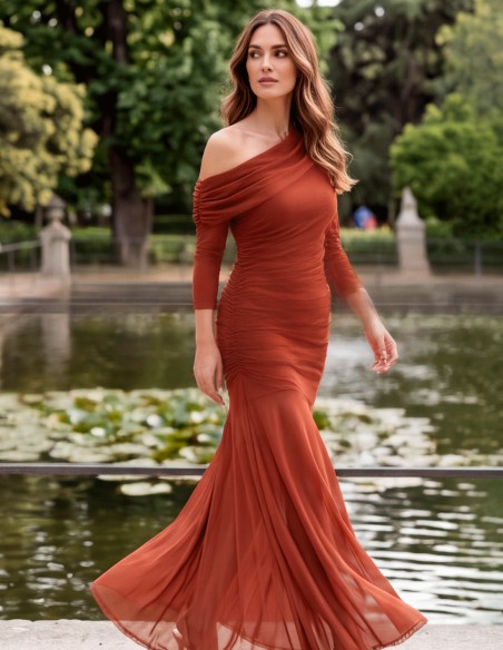long, terracotta-colored dress with long sleeves combines a sophisticated silhouette