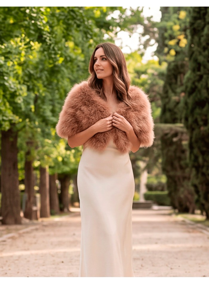 feather stole in a latte-brown shade—a warm, elegant, and highly versatile color.