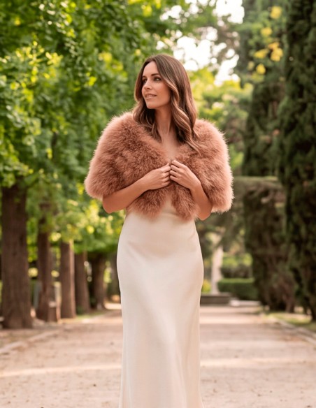 feather stole in a latte-brown shade—a warm, elegant, and highly versatile color.