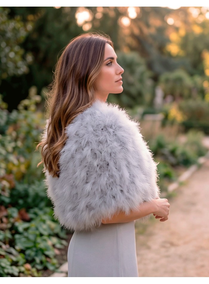A versatile, delicate, and easy-to-style hand-dyed pearl gray feather stole