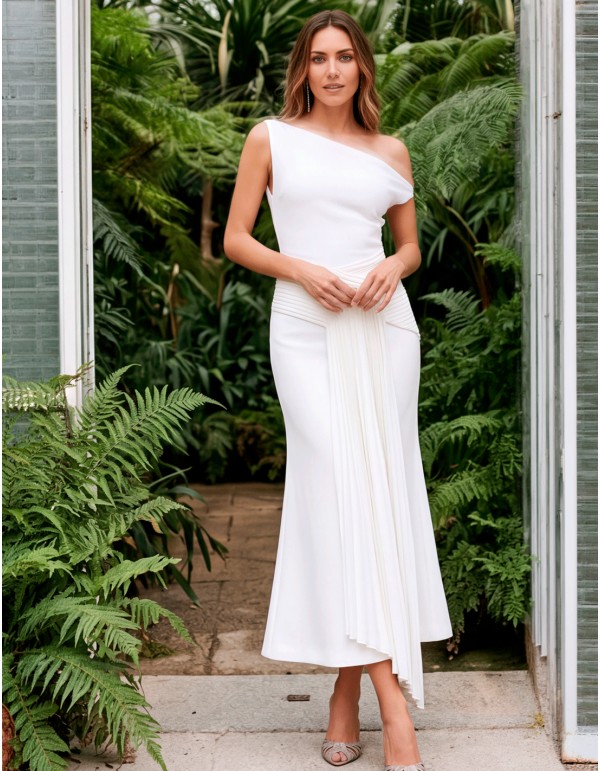 Vestido midi blanco de escote asimétrico con detalle plisado 2