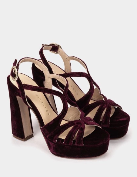 Red velvet sandals with a rhinestone buckle