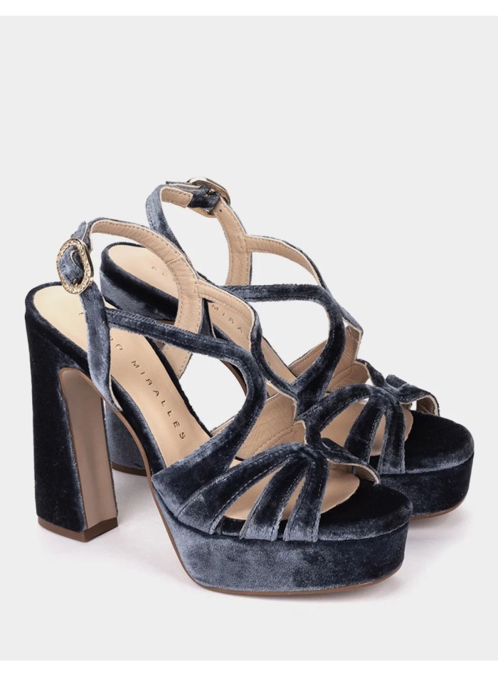 Navy blue velvet sandals with a sparkly buckle