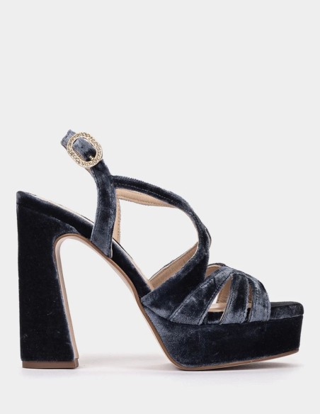 Navy blue velvet sandals with a sparkly buckle