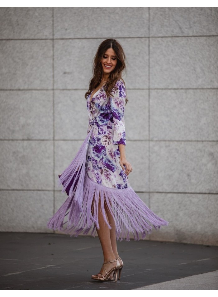 Vestido midi estampado con escote cruzado en V, manga francesa