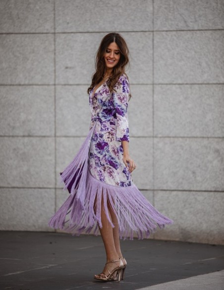 Robe midi imprimée à franges et manches trois-quarts, fabriquée en Espagne