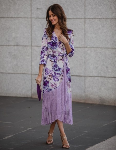 Vestido midi estampado con flecos y escote en V Nuribel - 1