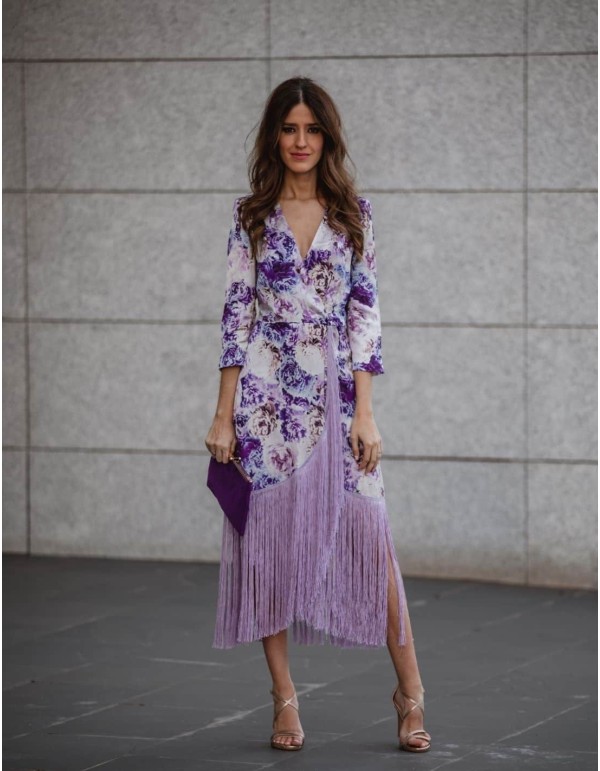 vestido midi estampado español con flecos