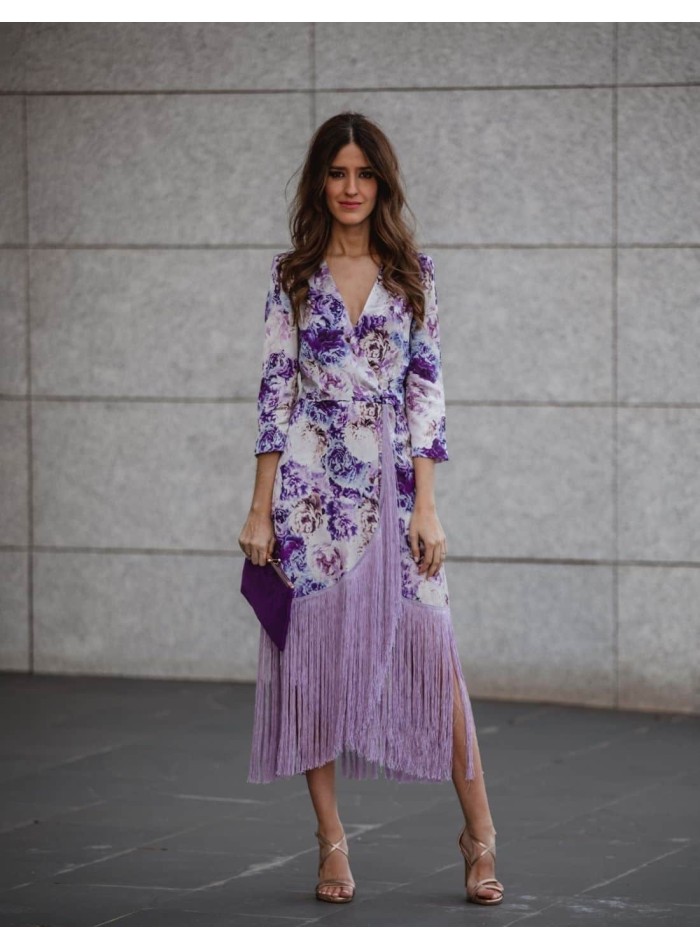 vestido midi estampado español con flecos