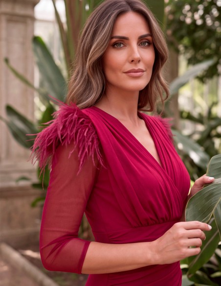 robe midi bordeaux ornée de plumes