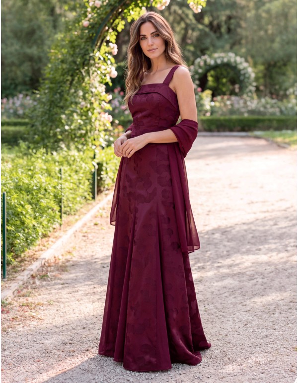vestido largo burdeos de jacquard floral
