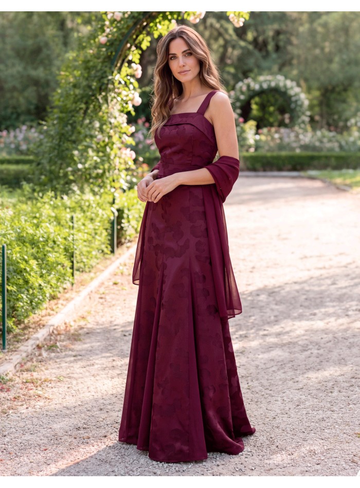 vestido largo burdeos de jacquard floral