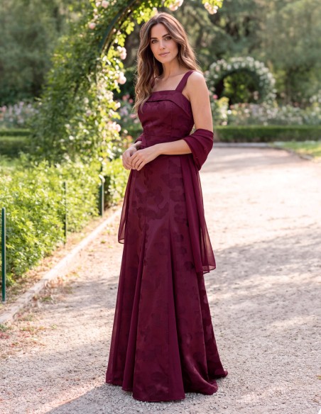 Long burgundy floral jacquard dress with a scarf