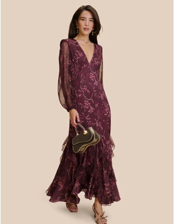 Vestido de invitada largo estampado berenjena con flores