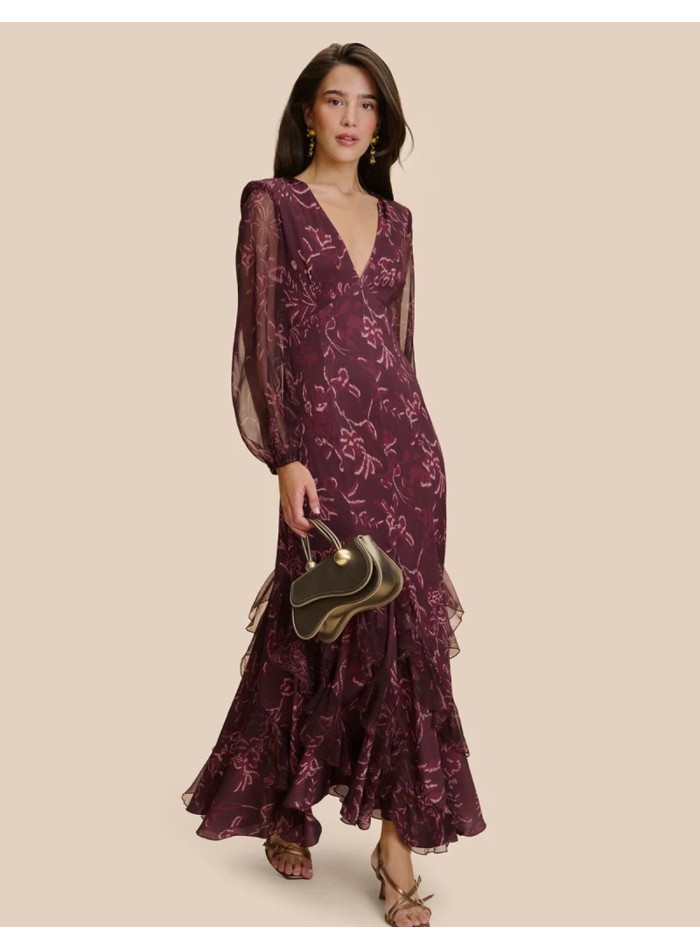 Vestido de invitada largo estampado berenjena...
