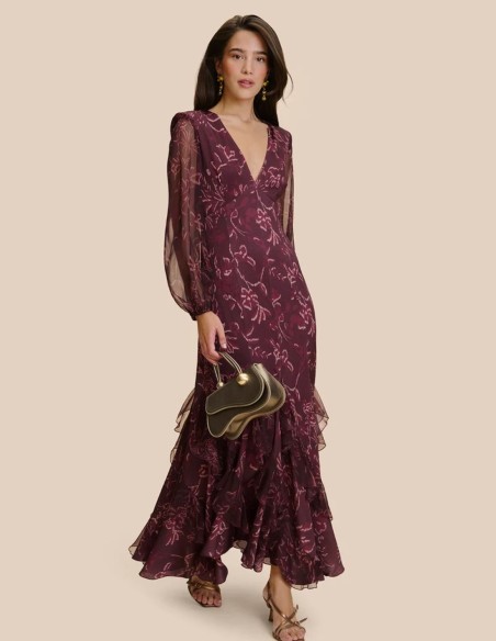 Vestido de invitada largo estampado berenjena con flores