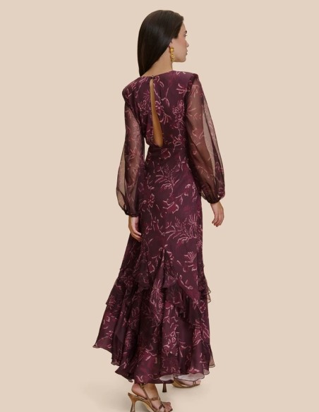 Vestido de invitada largo estampado berenjena con flores para invitada de otoño