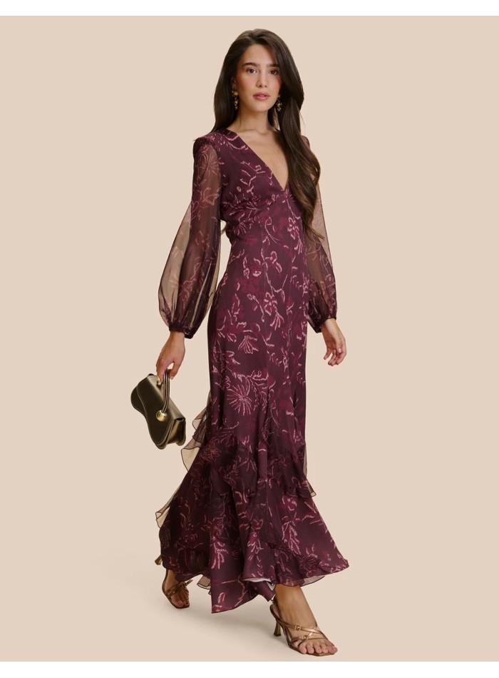 Vestido de invitada largo estampado berenjena...