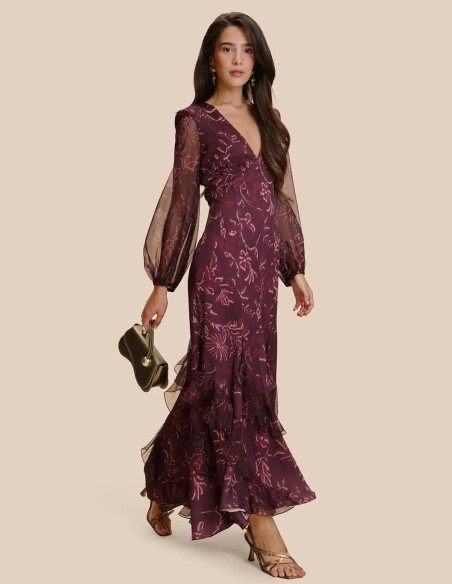 Vestido de invitada largo estampado berenjena con flores
