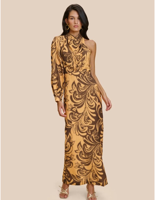 Long mustard-print dress with an asymmetrical halter...