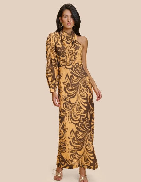 Robe longue à imprimé moutarde avec encolure halter asymétrique
