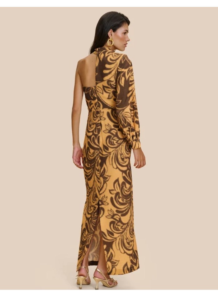 Long mustard-print dress with an asymmetrical...