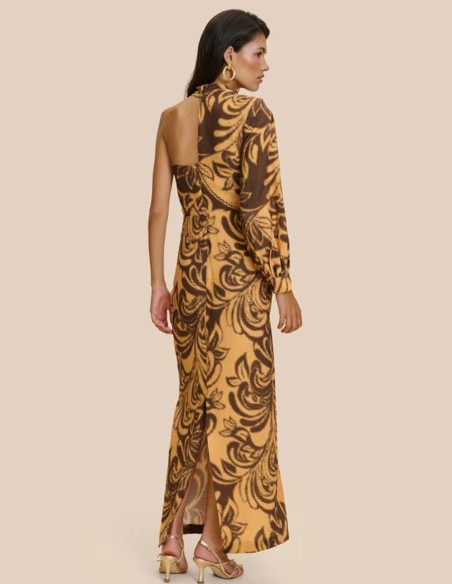 Vestido largo estampado en marrón y mostaza