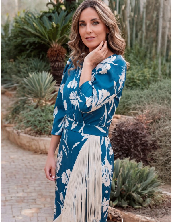 Robe midi vert canard à motifs, avec des franges en soie
