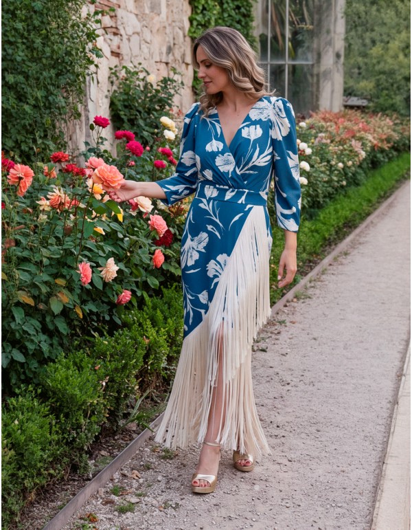 Vestido midi verde pato estampado con flecos de seda 2