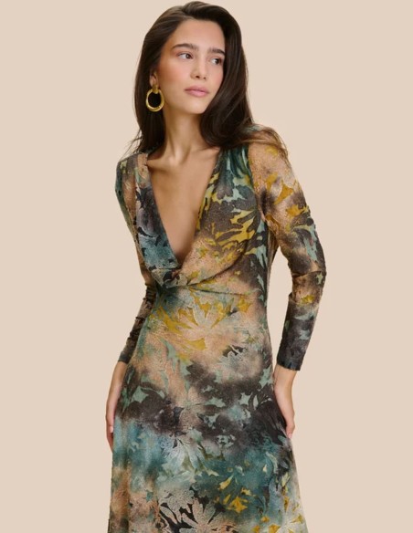 Long printed dress in shades of green with a draped front neckline