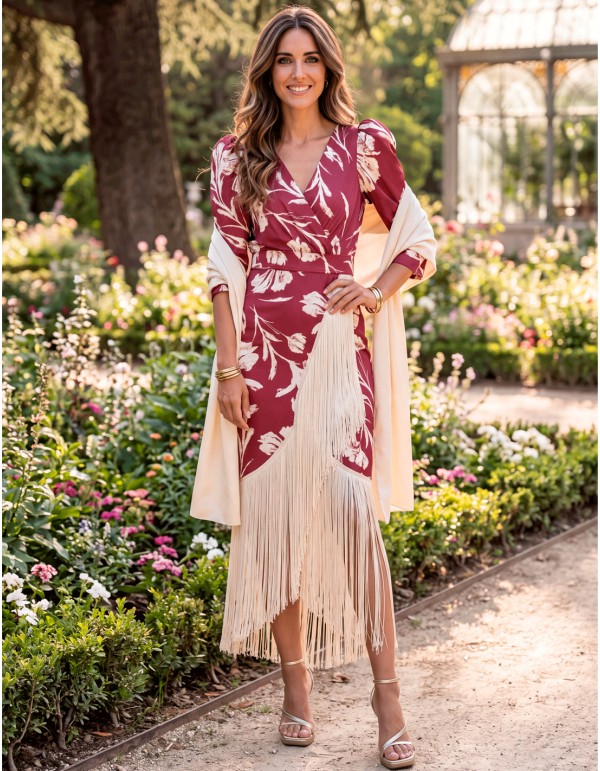 Vestido midi granate estampado con flecos de seda