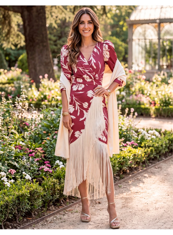 Vestido midi granate estampado con flecos de seda