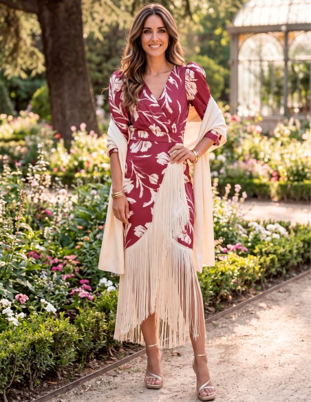Vestido midi granate estampado con flecos de seda