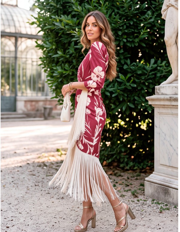 Vestido midi granate estampado con flecos de seda 2