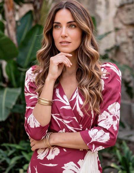robe midi grenat à imprimé et franges