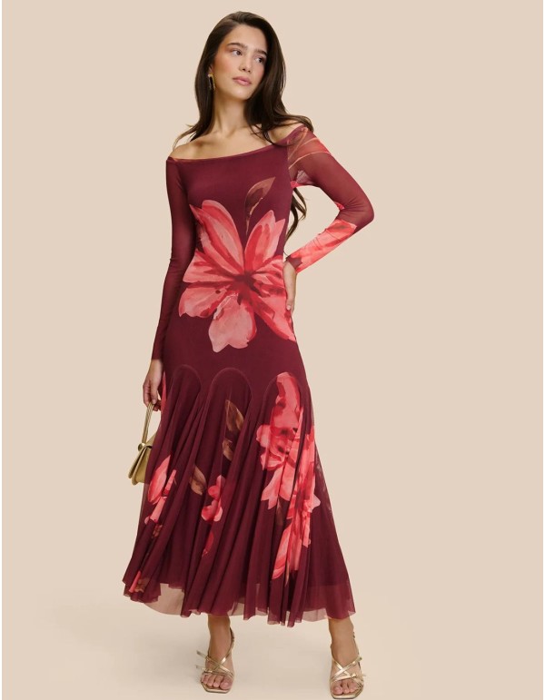 Vestido midi en tul estampado con falda de vuelo