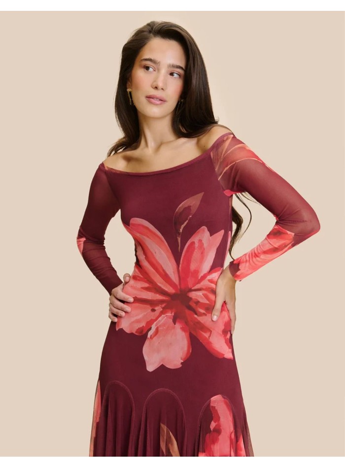 Robe midi en tulle imprimé avec jupe évasée