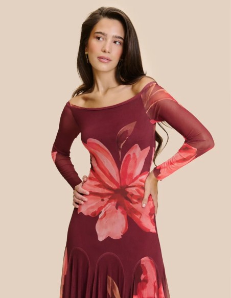 Vestido midi en tul estampado con falda de vuelo