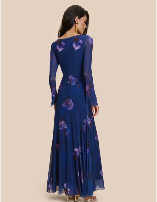 Vestido largo azul estampado con manga larga semitransparente y falda de caida recta 2