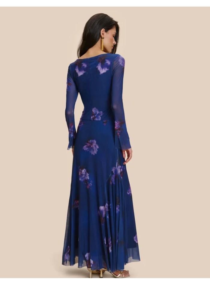 Vestido largo azul estampado con manga larga semitransparente