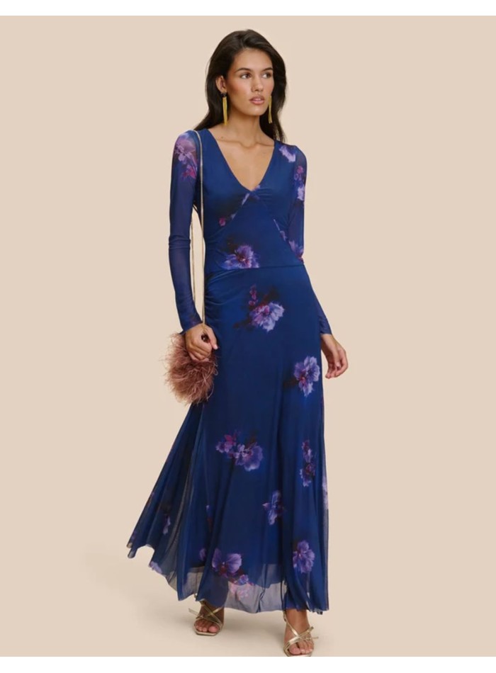 Vestido largo azul estampado con caída recta y fluida