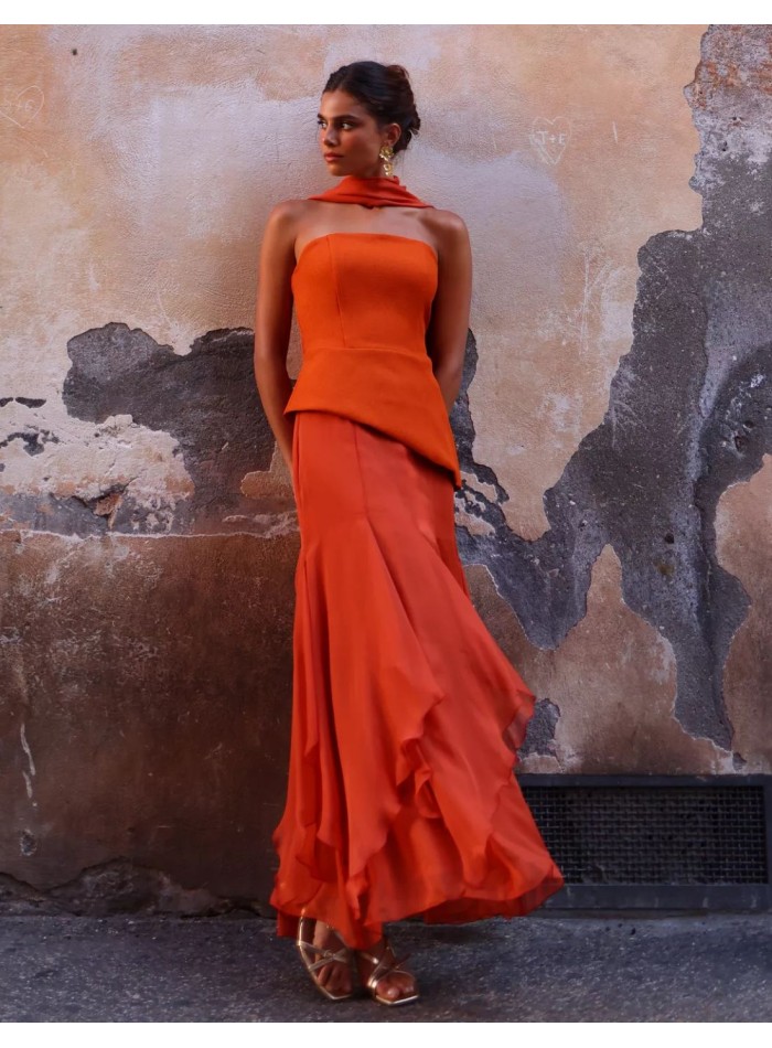 Jupe longue orange en mousseline à volants