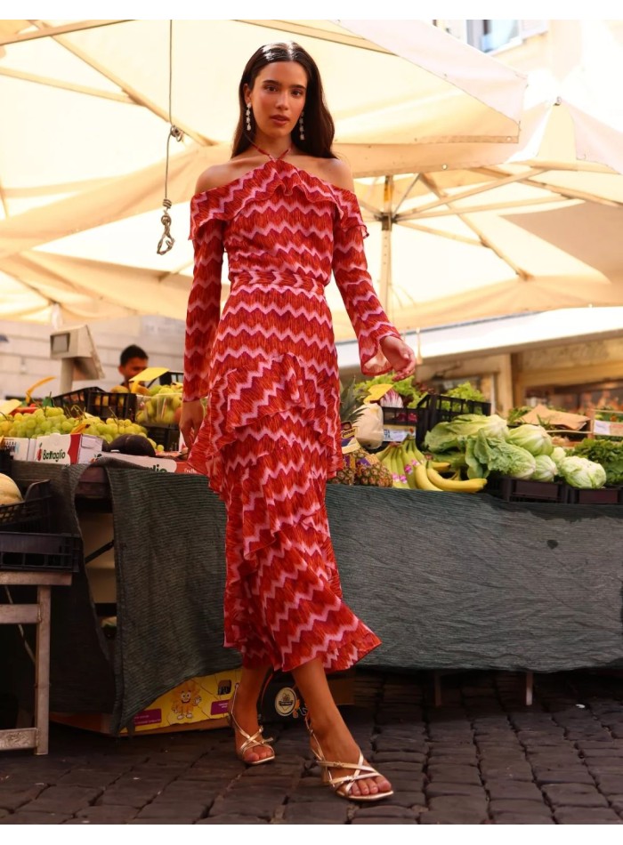 Jupe midi rose à motifs avec des volants en...