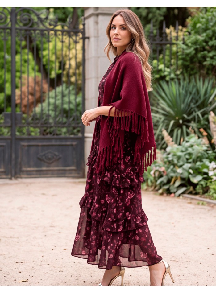 vestido midi buganvilla con estampado floral y poncho a juego