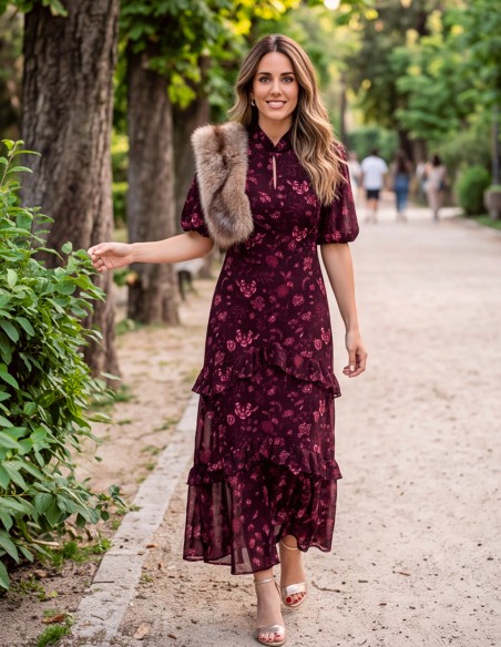 Robe midi couleur bougainvillier à imprimé floral et manches ballon