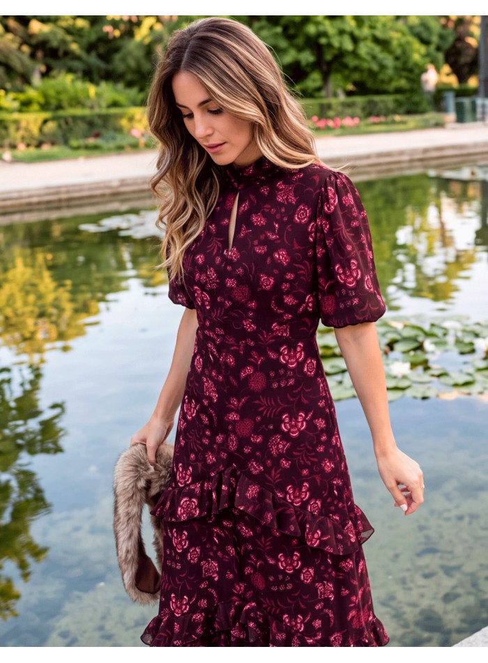 Vestido midi buganvilla con estampado floral y mangas globo