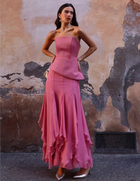 Long pink chiffon skirt with ruffles
