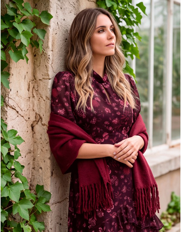 Poncho granate con flecos multiposición para mujer 2