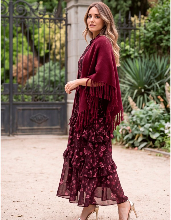 Poncho granate con flecos multiposición para mujer