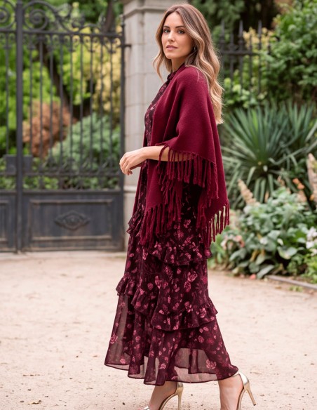 Maroon poncho with multi-position fringe for women